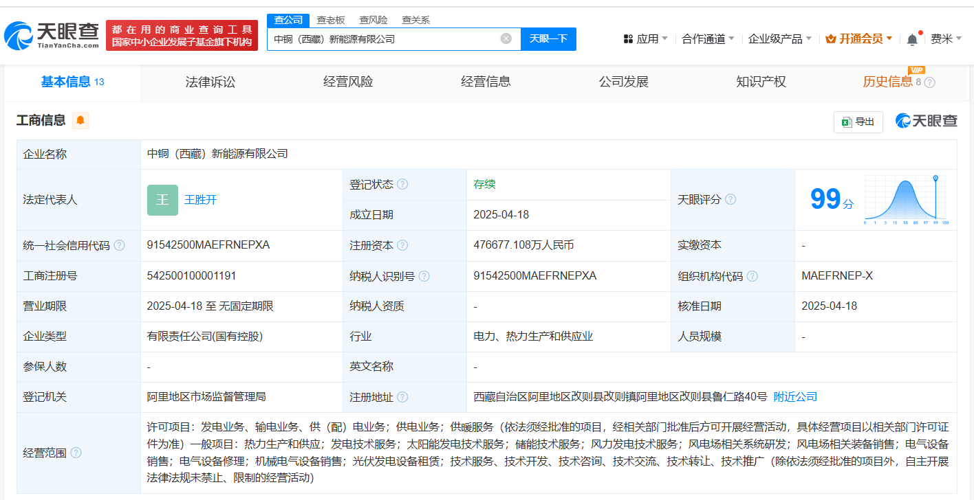中國鋁業(yè)集團(tuán)等在西藏成立新能源公司,注冊(cè)資本約47.7億